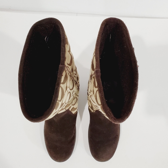 Coach Tinah Brown Leather "C" Logo Pattern Canvas Mid Calf Pull On Boots Size 5B - Picture 3 of 16